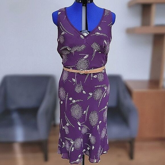 Vtg Y2K plum silk chiffon floral print sleeveless midi dress - Picture 1 of 14